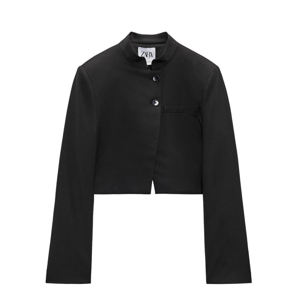 Zara long sleeve cropper blazer with high round neckline.
